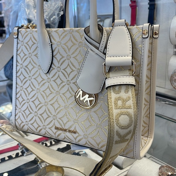 Michael Kors Mirella Small Metallic Logo Jacquard Crossbody Bag
Light Cream 
NWT - Picture 2 of 16